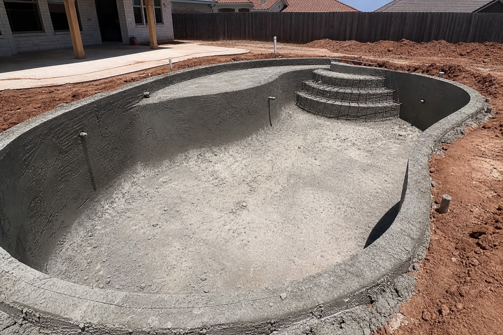 Gunite shell of a new Seahorse Pools build in progress, Fort Worth backyard with Texas red clay around the excavation.